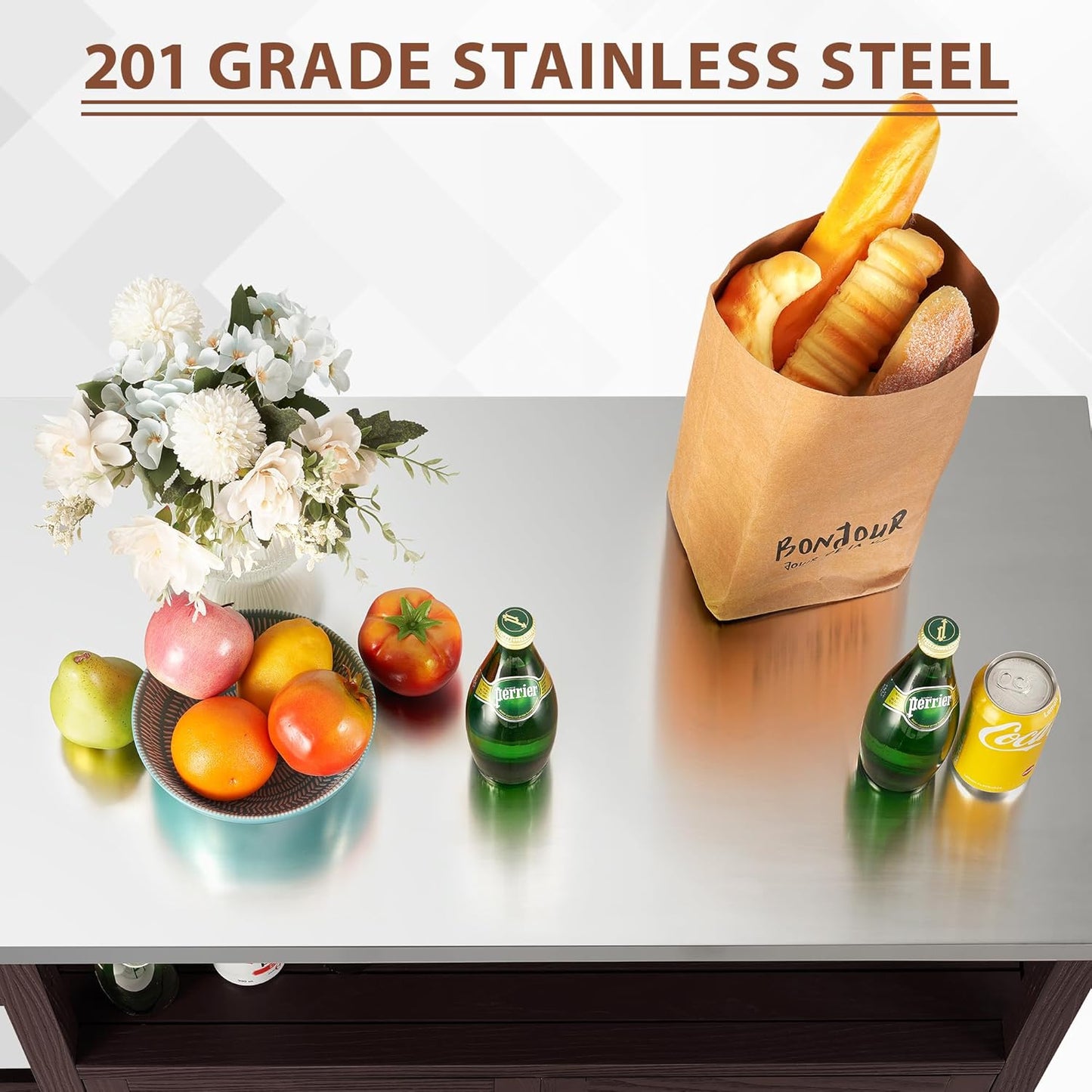 Spurgehom Outdoor Grill Table Solid Wood Storage Cabinet, Rolling Kitchen Island, Movable Bar Cart with Stainless Steel Top for Outside Patio, Backyard, Garden (Two Doors)