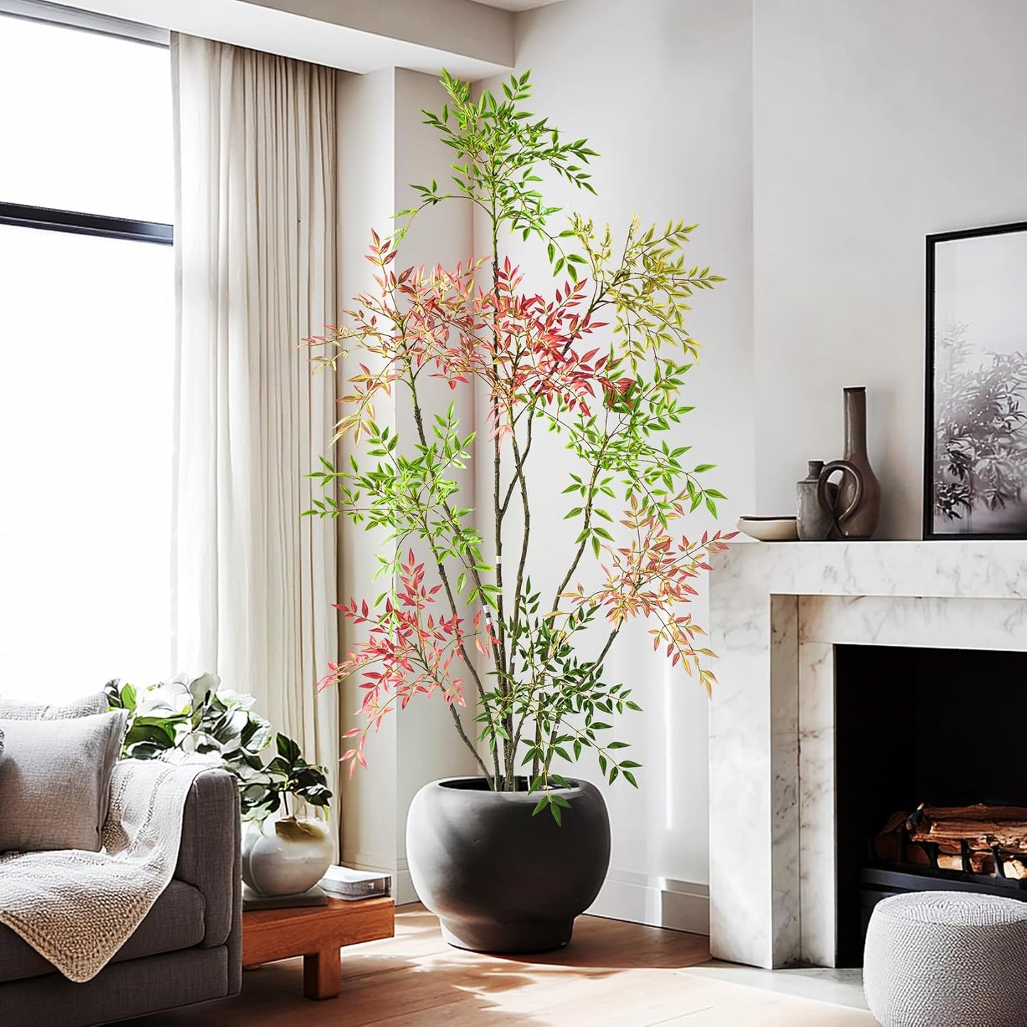 7.2ft Faux Bamboo Tree Artificial Nandina Tree Artificial Indoor Plants Realistic Fake Potted Tree with 800+ Leaves, Cement Planter - Home Office Decor Perfect for Housewarming Gift Non-Toxic