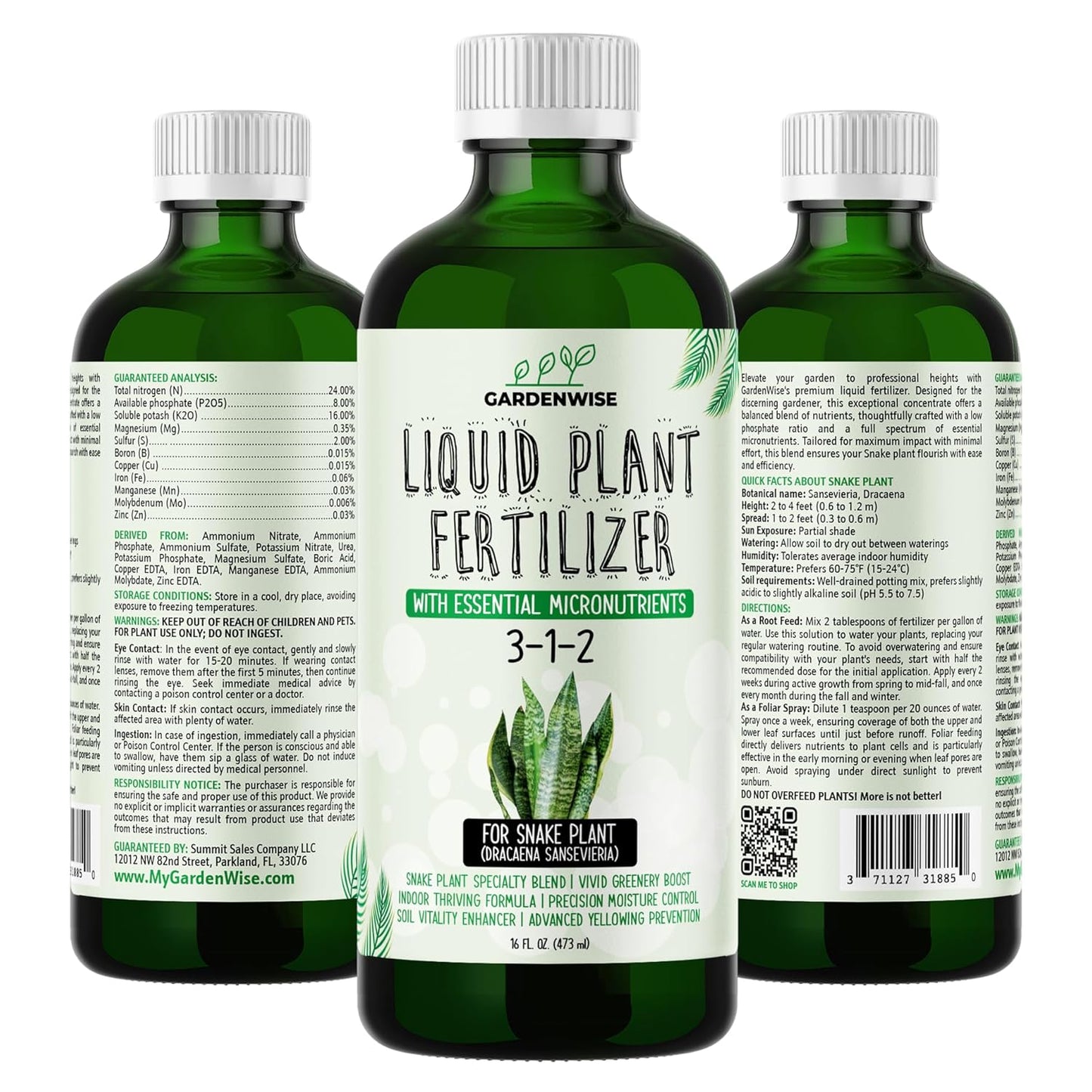 3-1-2 Liquid Fertilizer Concentrate with Micronutrients - Ideal Snake Plant Food for Sansevieria (Dracaena trifasciata), Indoor Plant Care (16 OZ)
