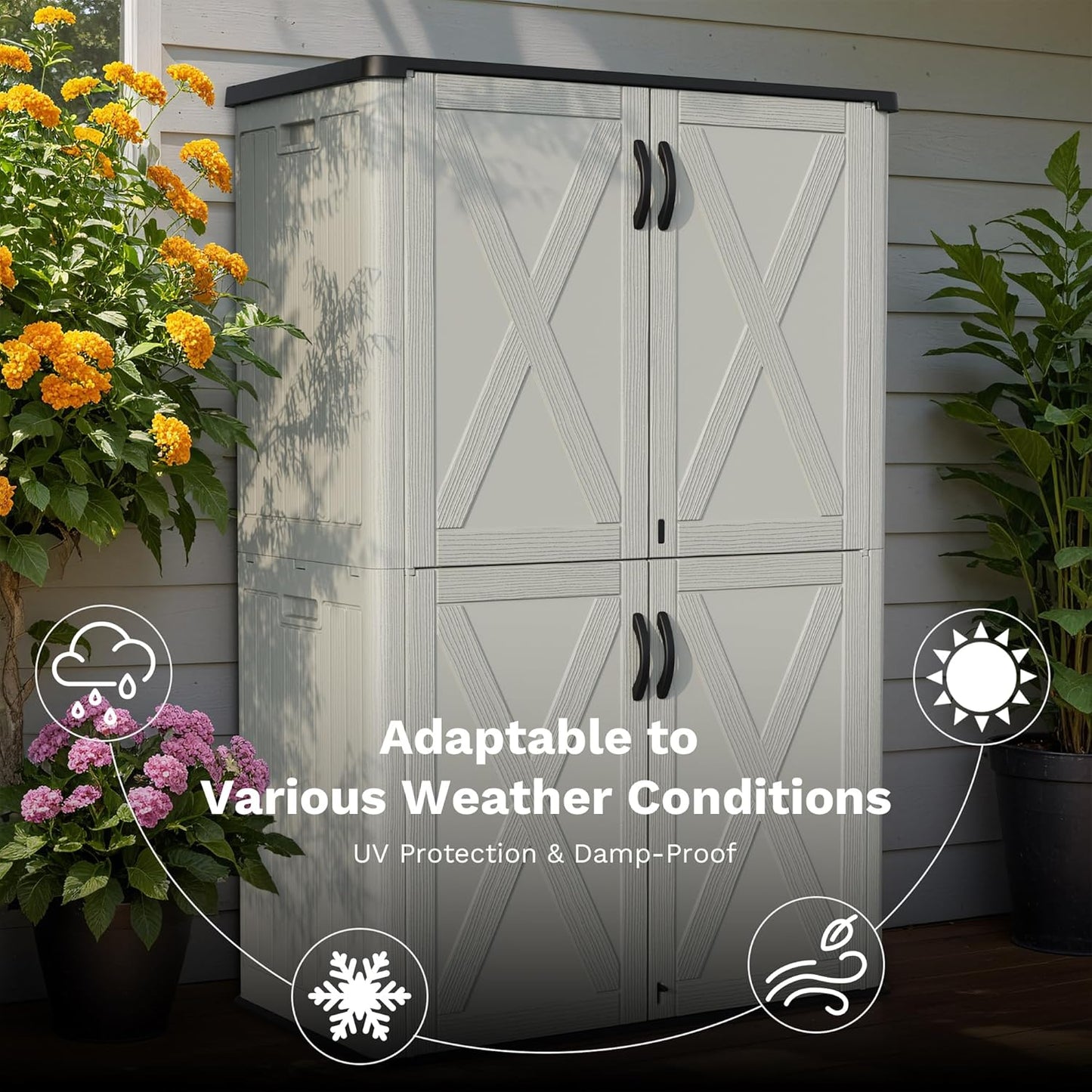 Greesum Outdoor Storage Cabinet, 50 Cu.Ft Deck Box Without Shelves, Waterproof Plastic Storage Bin for Patio Cushions, Gardening Tools, Lockable and Sidehandles, UV Resistant, Beige