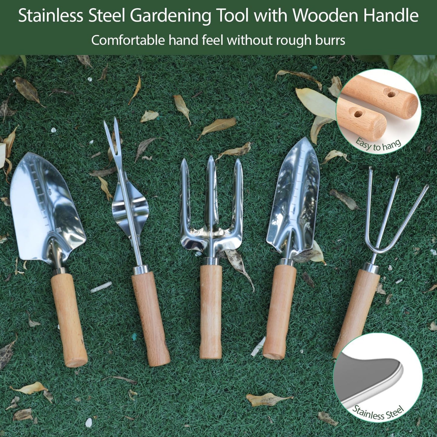 Garden Tool Set, 10 Piece Kit with Heavy Duty Folding Stool, Detachable Storage Tote Bag, Stainless Steel Tools, Gifts for Women Men Green