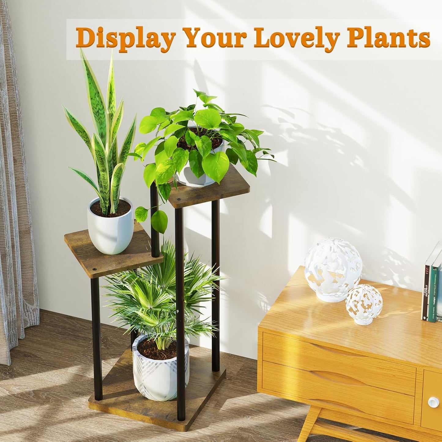 3 Tier Plant Stand Indoor, Metal Wood Tiered Corner Plant Stands Pot Holder, Wood Flower Shelf Orchid Display Rack for Living Room Bedroom Outdoor Balcony Garden Patio, Black