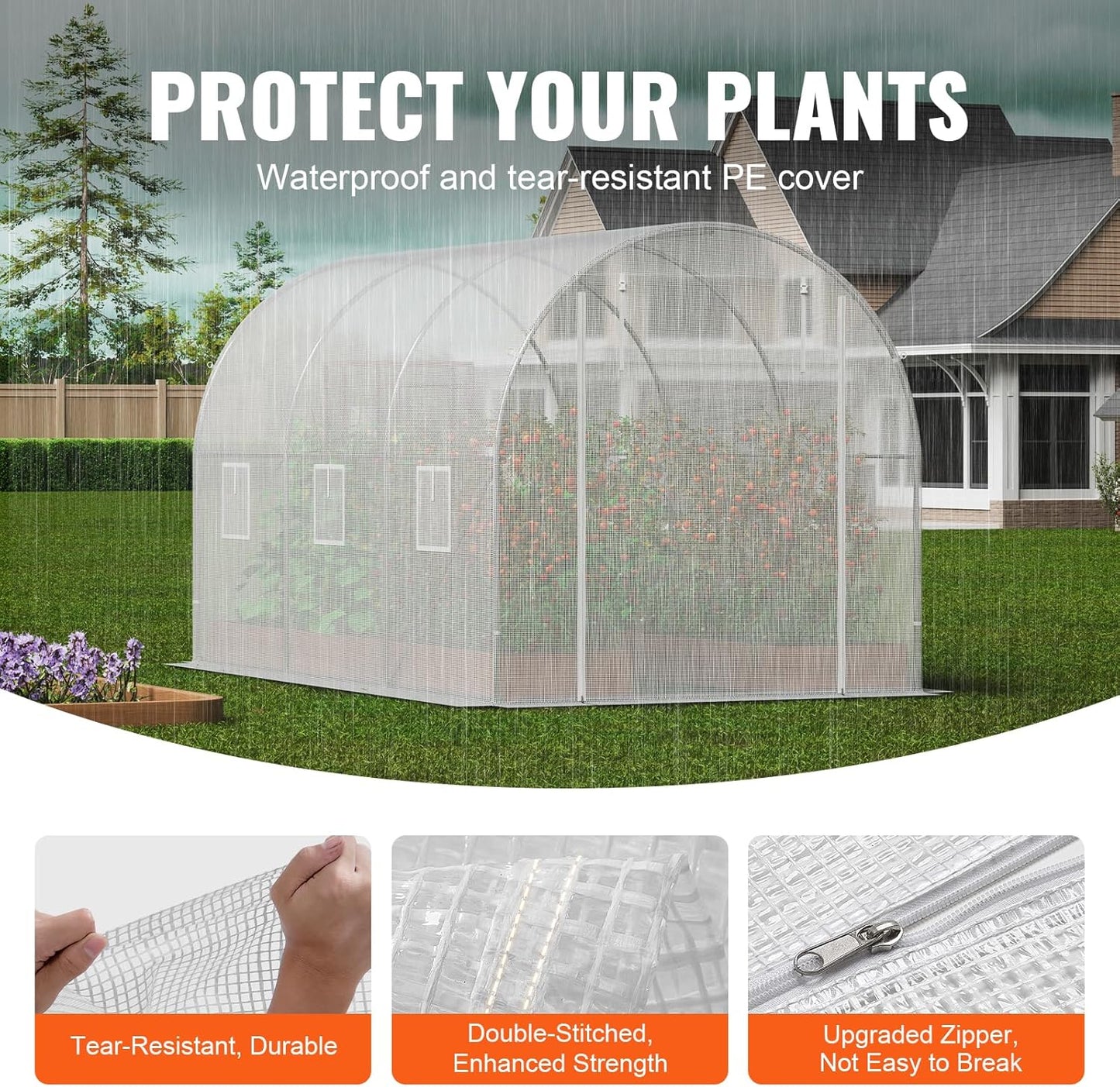 VEVOR Walk-in Tunnel Greenhouse, 9.6x6.4x6.2 ft Hoop House Greenhouse Tunnel, Plant Hot House with Galvanized Steel Frame, White PE Cover, Roll-up Zipper Door and 6 Windows for Outdoor