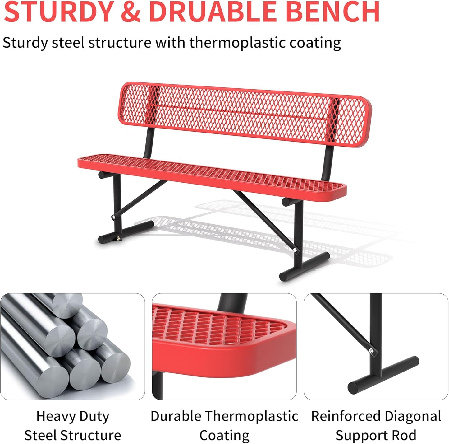 6 Feet Heavy Duty Metal Park Bench for Outside, Outdoor Bench with Backrest & Portable Frame, Commercial Benches for Shopping Malls, Stores, Parks, Patios, Decks, Red