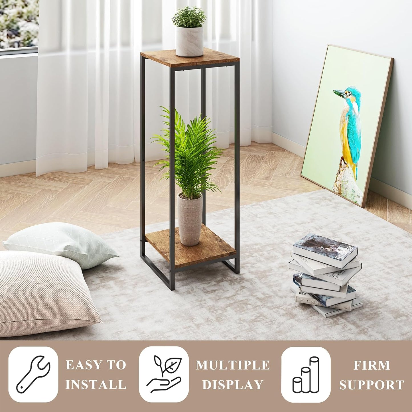 34" Tall Plant Stand Indoor, 2-Tier Modern Plant Shelf, Corner Flower Pot Holder Organizer for Living Room Balcony Patio Garden (Rustic Brown)