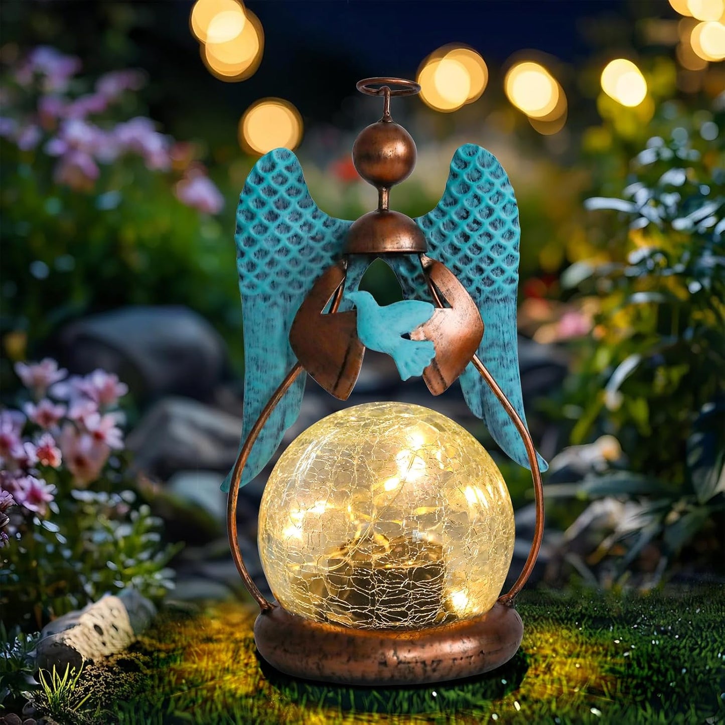 MUMTOP Angel Solar Lights Outdoor Garden - Solar Lanterns Light Decorative Waterproof with Glass Cracked Globe Tabletop Lantern Lamp Ornaments for Yard Patio Decor Gift (Hold Dove)