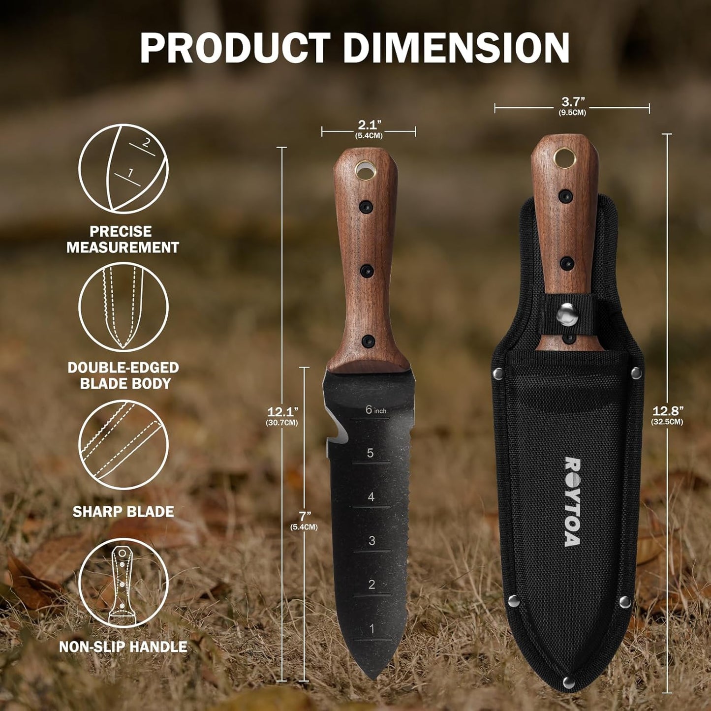 Hori Hori Garden Knife, Garden Tools with Sheath for Weeding,Planting,Digging, 7" Stainless Steel Blade with Cutting Edge, Full-Tang Walnut Wood Handle with Hanging Hole