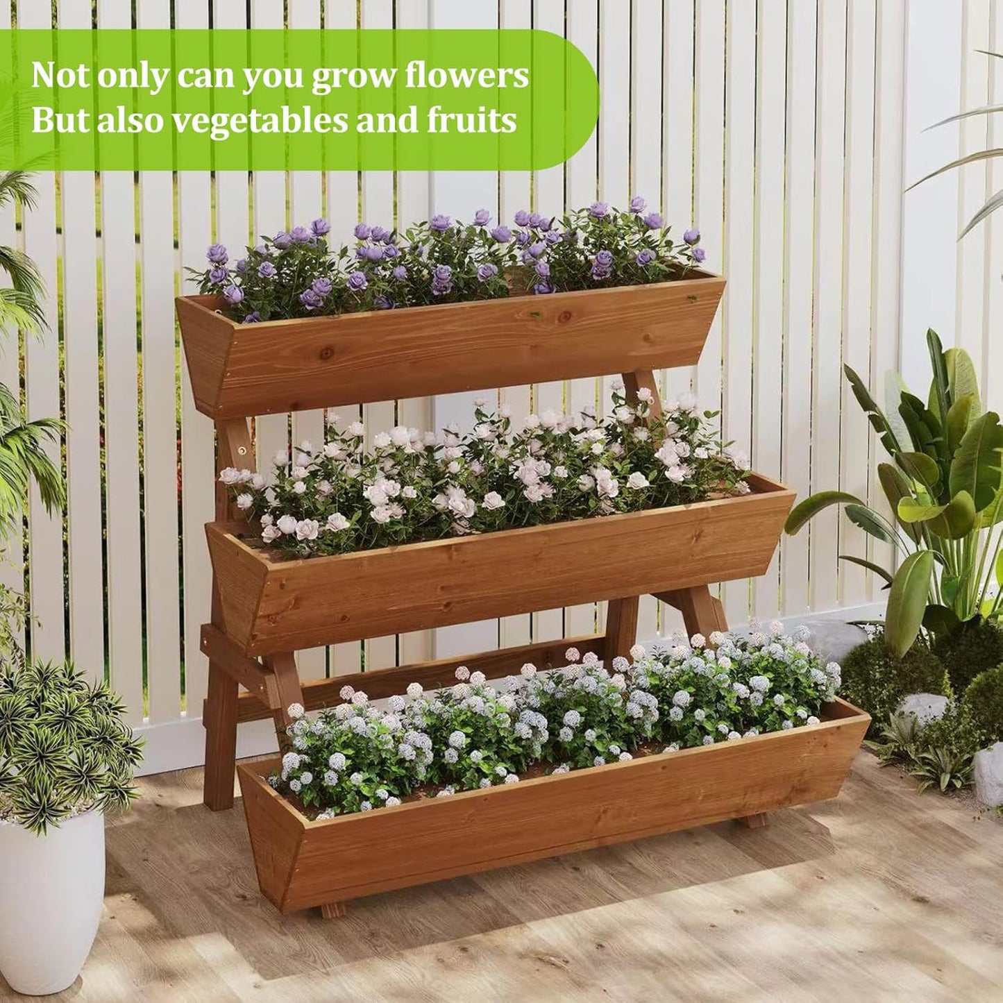 3-Tiers Wooden Raised Garden Bed Tiered Planter Box Vertical Garden Planter Wood Plant Stand for Patio, Balcony, Freestanding. (Brown L)