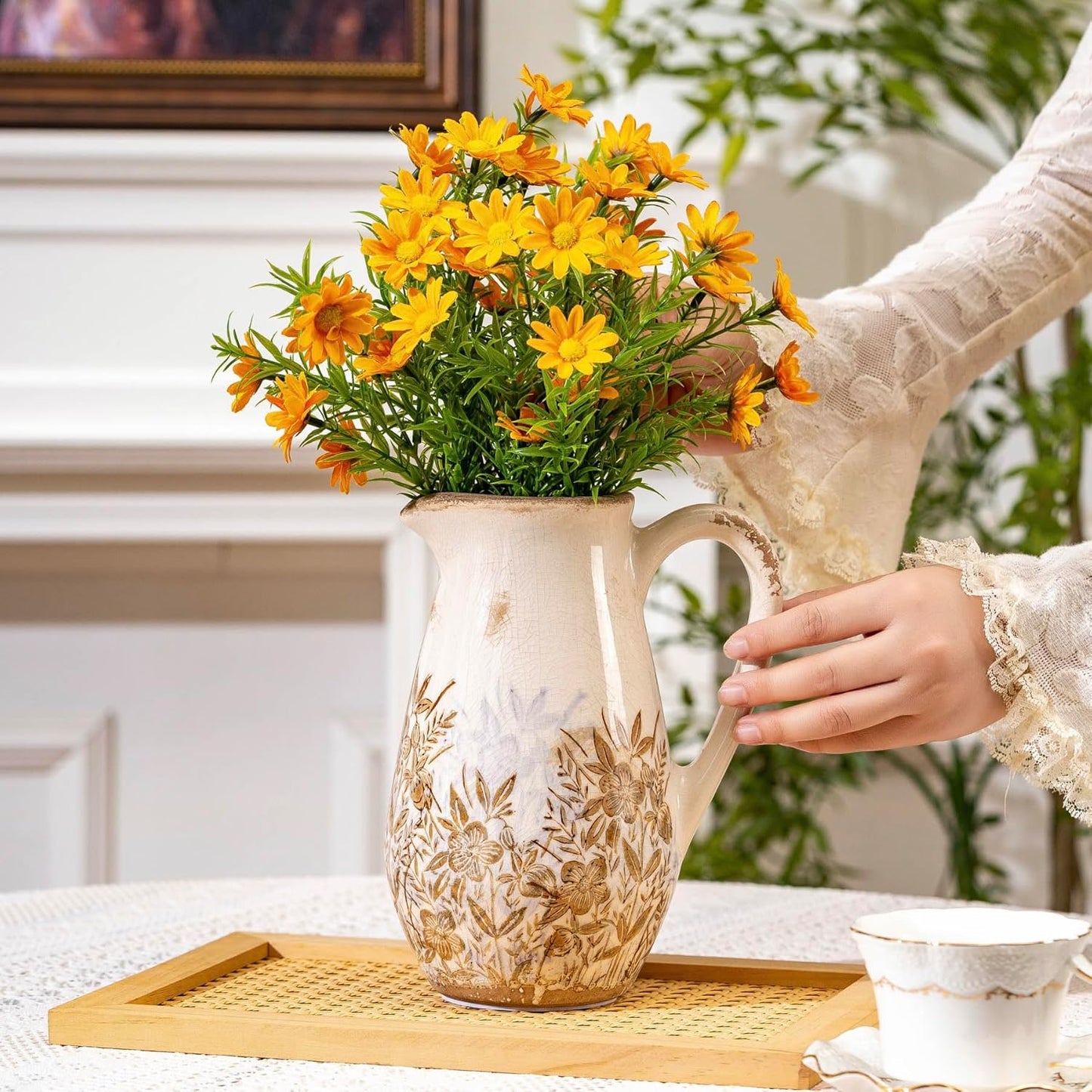 Purple and Borwn Floral Vintage Vase with Handle, French Country Floral Pitcher Vase, Rustic Ceramic Farmhouse Vases for Home Decor, Living Room, Bookshelf, Grand Millennial Tuscan Decor 8.7 in