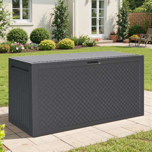 90 Gallon Outdoor Deck Box, Waterproof Outdoor Deck Box, Durable Resin Bin for Patio Cushions, Garden Tools and Pool Accessories, Lockable with UV Protection, Dark Gray, Patio Furniture (90 Gal Gray)