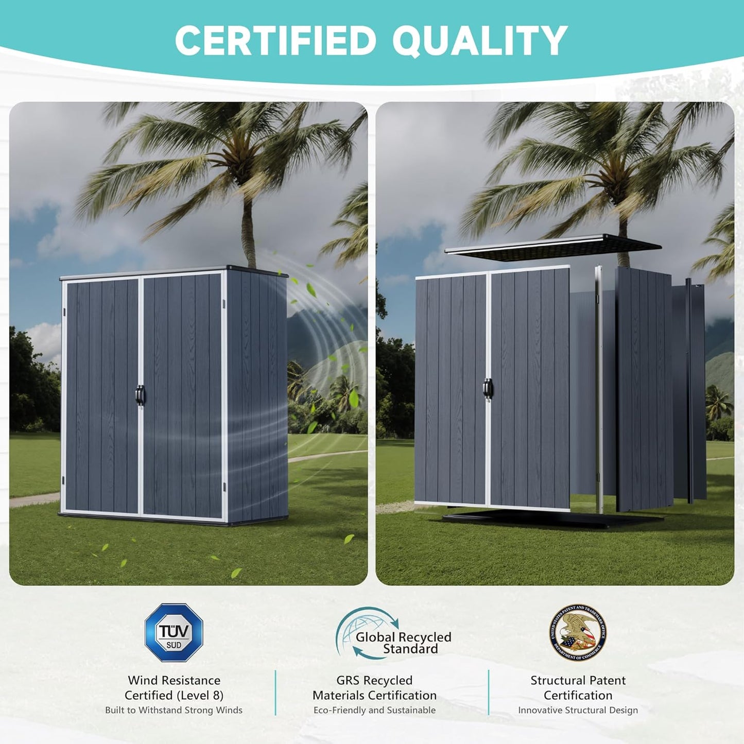 Greesum 5×3FT Plastic Outdoor Storage Shed with Floor, Resin Storaged Sheds with Lockable Door, Window & Vent, All-Weather Tool Sheds for Garden, Backyard, Patio, Dark Gray (4.7×2.5FT)