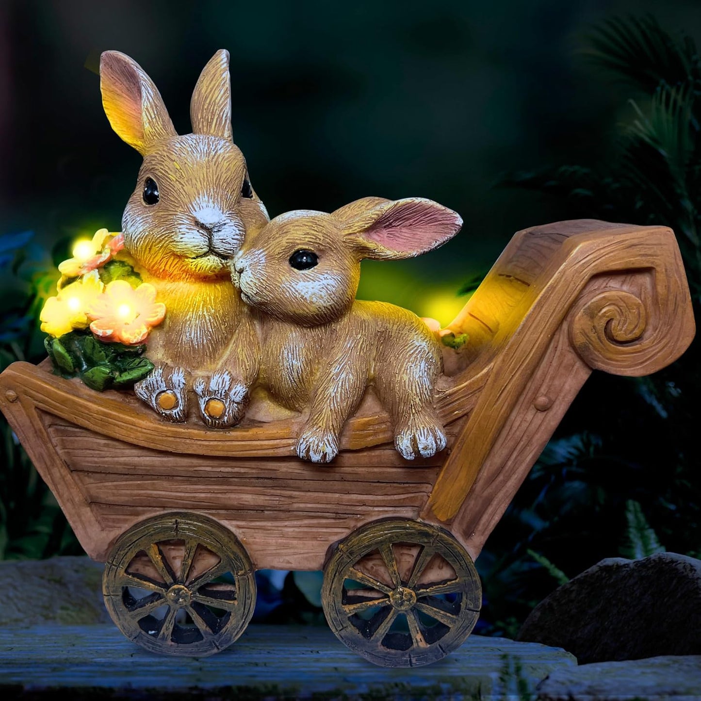 PRETMANNS Solar Rabbit Garden Statue - Mother & Baby Bunny Outdoor Decor with LED Lights for Patio, Yard Ornament & Gifts for Women & Mom - Medium