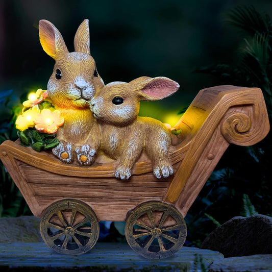 PRETMANNS Solar Rabbit Garden Statue - Mother & Baby Bunny Outdoor Decor with LED Lights for Patio, Yard Ornament & Gifts for Women & Mom - Medium