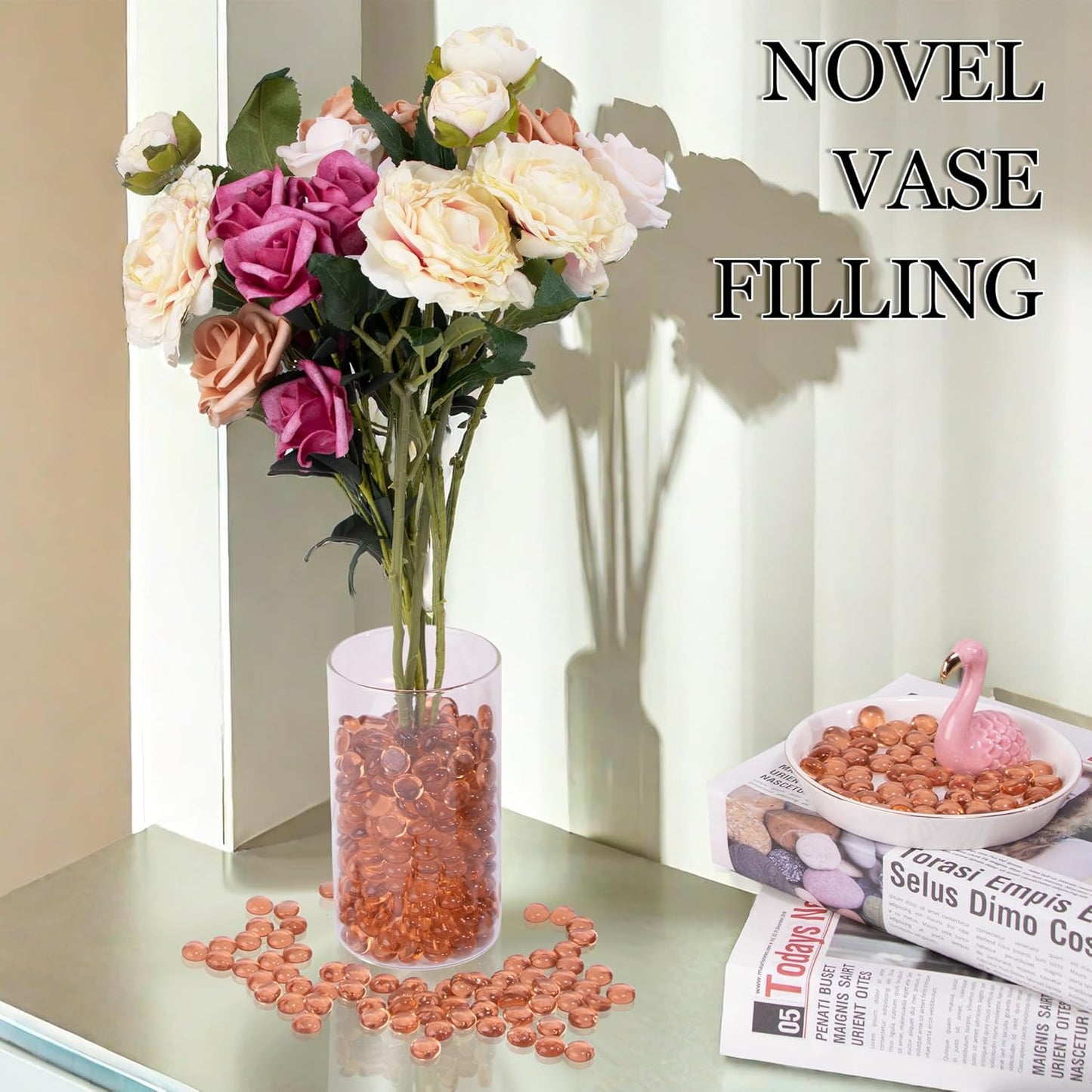 50PCS Mini Glass Gems,Pink Mancala Stones Flat Bottom Marble Beads for Home Decorative Art Craft Vase Filler(0.5"~0.7")