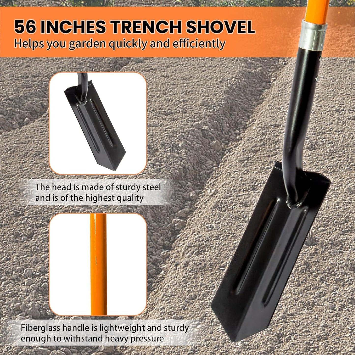 Trench Shovel for Digging, 4-Inch Trench Shovel, Heavy Duty Trenching Shovel with Fiberglass Handle, 56 Inches