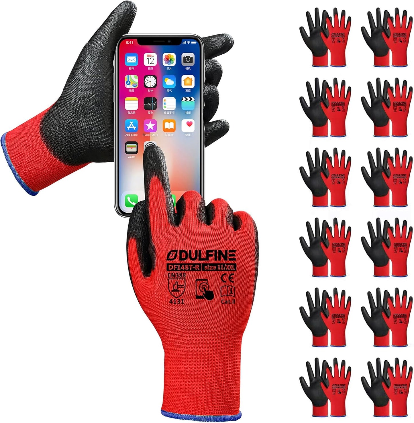 DULFINE Safety Work Gloves PU Coated for Men and Women-12 Pairs,Red Seamless Knit Glove with Two Fingers Touchscreen,Ideal for General Duty Work (Extra Large)