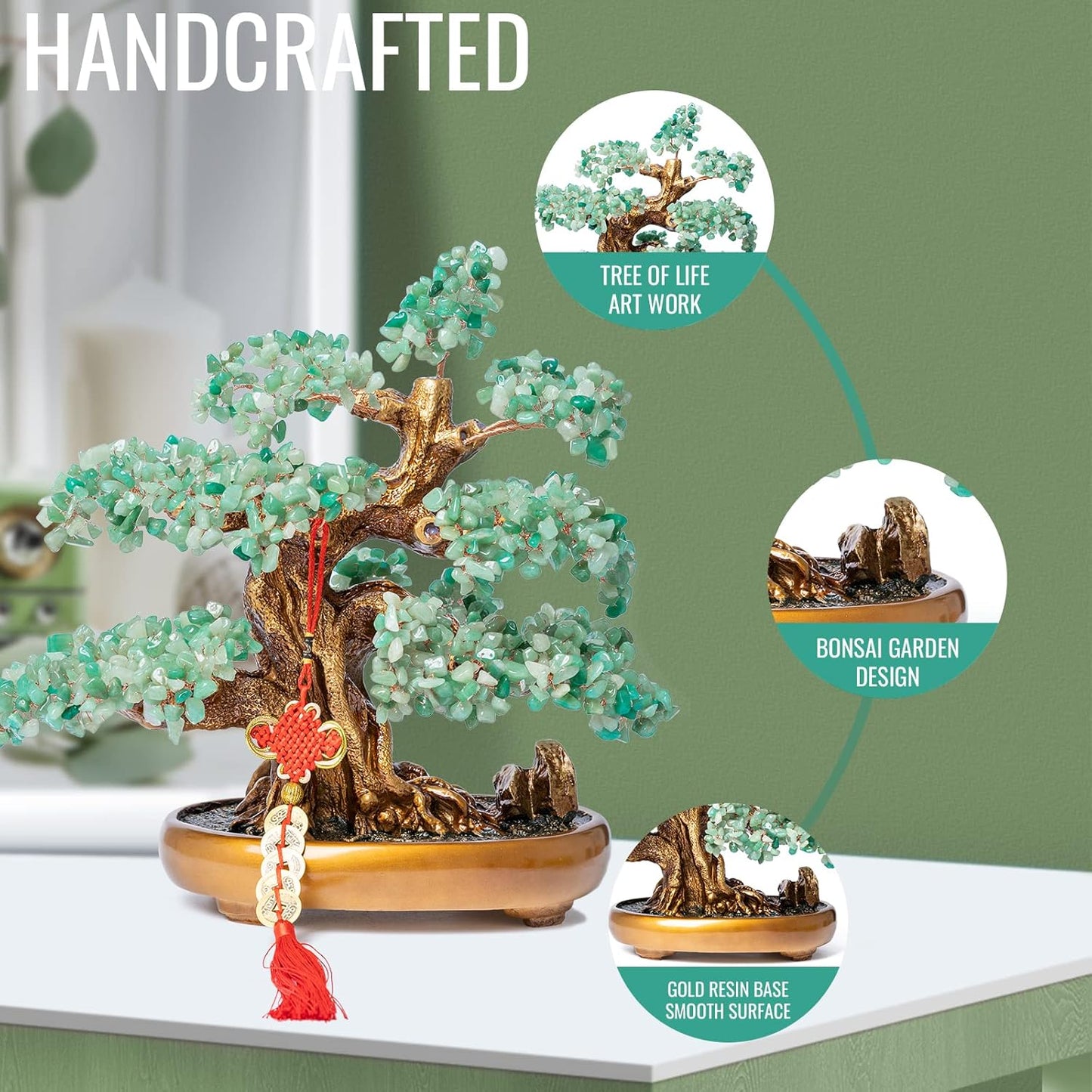Green Aventurine Gemstone Crystal Bonsai Tree of Life Large Feng Shui Money Chakra Tree for Luck and Wealth Desk Decoration(1,251 Gem Count)