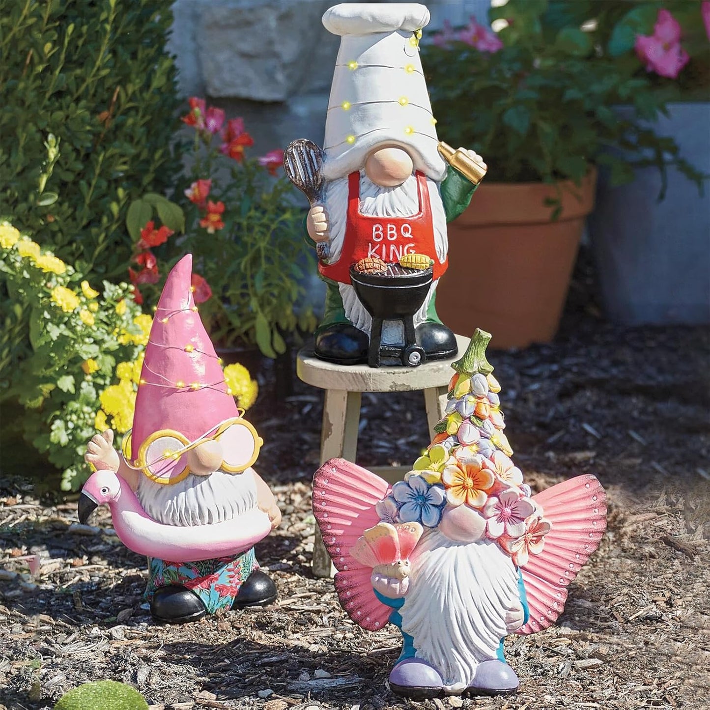 BAYN Garden Gnome Statues Outdoor Decor, Solar Powered Outdoor Gnome with Butterfly Wing Decorative Yard Garden Lights Art Gifts with 11 Warm White LEDs