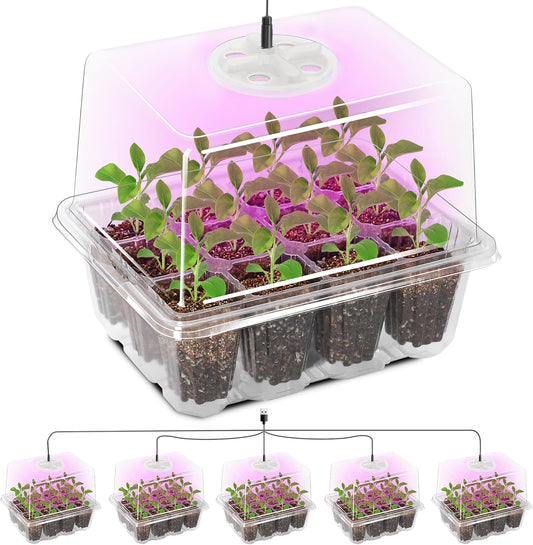 Bonviee 5 Packs Seed Starter Tray with Grow Light, Elevated Seedling Starter Trays Kits with Adjustable Humidity Domes and Clear Cell Tray, 12 Full Spectrum led lamp Beads for Plants Indoor-Clear