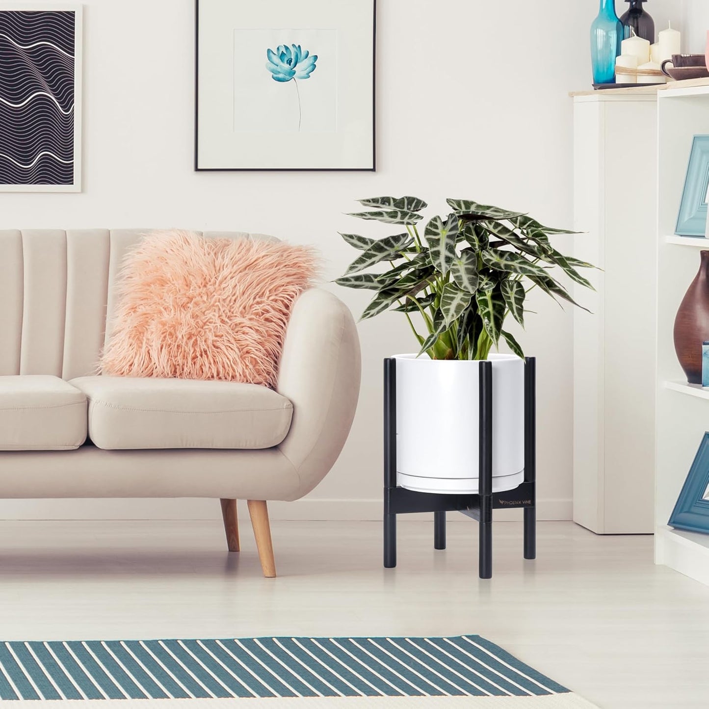 D'vine Dev Ceramic Planter with Ebony Stand - 10 Inch Modern Round Flower Pot with Wood Planter Holder, White, 55-B-L-1