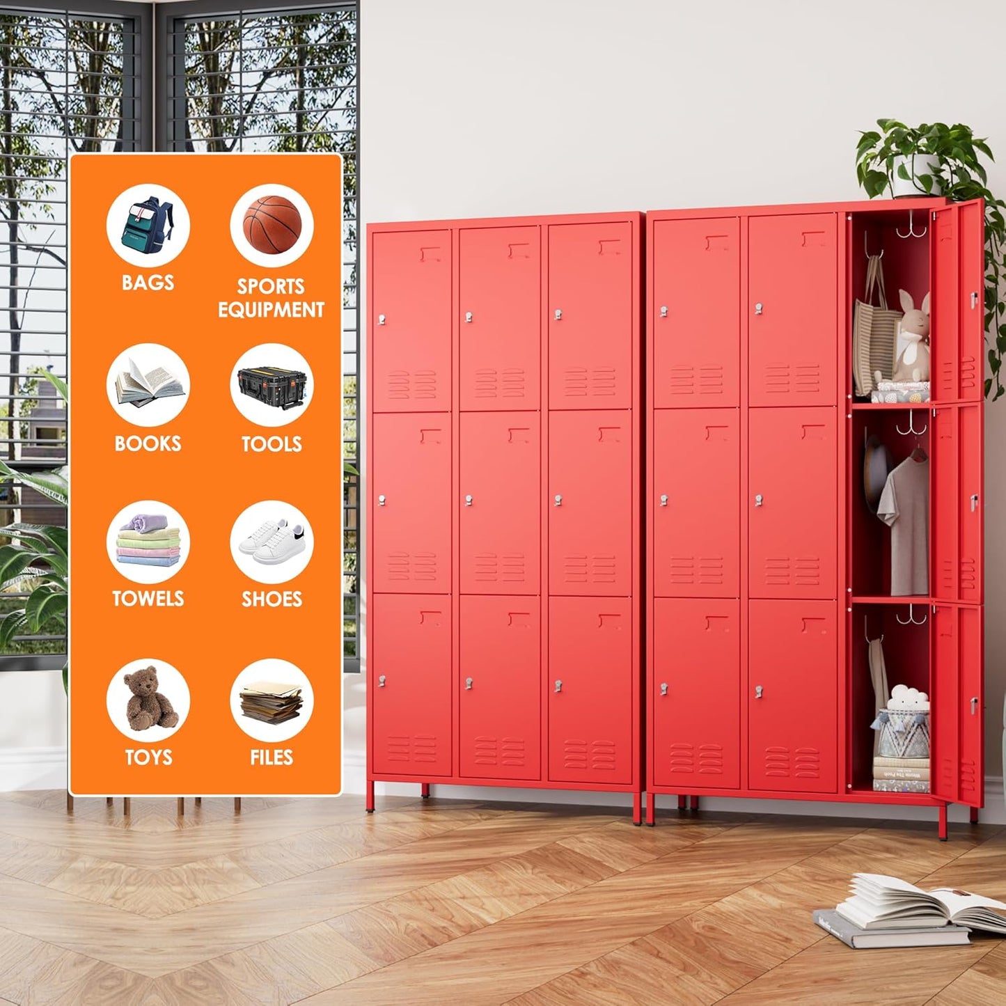 9 Doors Metal Storage Lockers for Employees with 27 Hooks,72" H Employee Lockers with Business Card Holder for Offices School Gyms Home,Assembly Required,Red