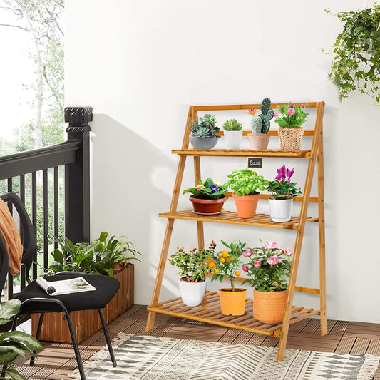 Giantex Bamboo Ladder Plant Stand, 3 Tier Folding Bamboo Plant Shelf, Foldable Flower Pot Display Shelf Rack, Multiple Plants Holder Organizer Storage Shelf for Indoor Outdoor Balcony Garden (Natural)