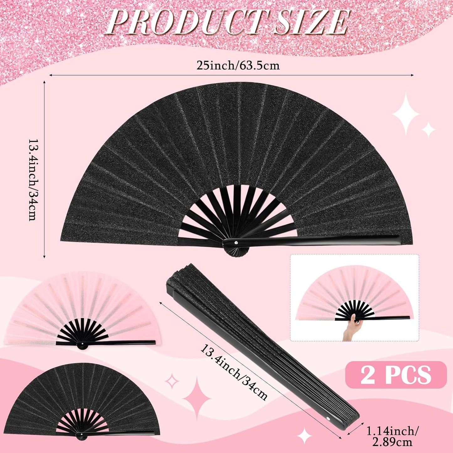 Maitys 2 Packs Large Clap Fans for Line Dancing Large Chinese Folding Hand Fans for Men and Women, Festival, Tai Ji, Kungfu, Martial Art, Gifts (Glitter Black and Pink)