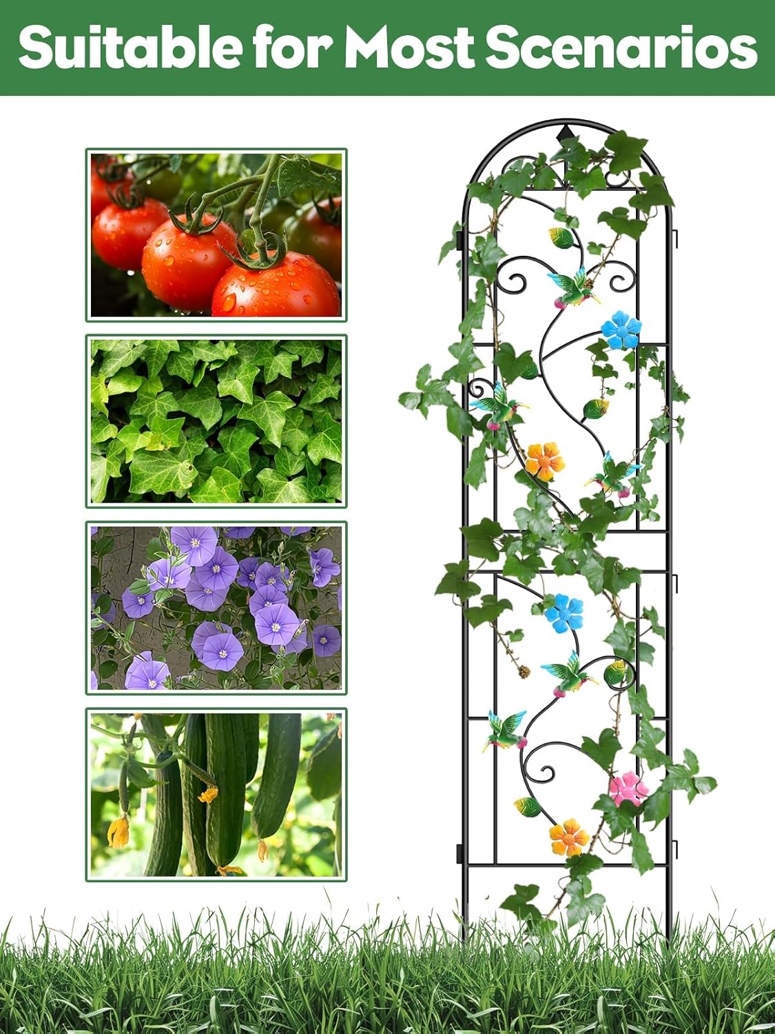 87 Inch Metal Garden Trellis for Climbing Plants, Kalolary 4 Pack Colorful Hummingbird Plant Trellis Support Decoration Arched Fence Trellis Outdoor for Patio Lawn Garden Yard Backyard Wall
