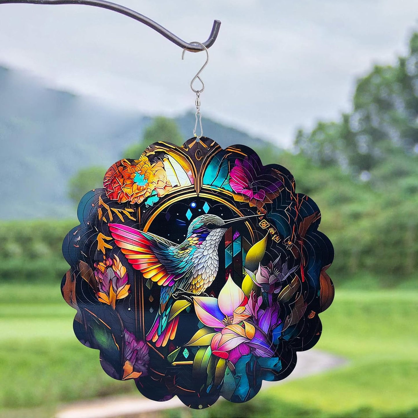 Wind Spinners Art Hummingbird 12 inch 3D Stainless Steel Laser Cut Metal Art Geometric Pattern Wind Sculpture Hanging for Yard Garden Decorations Outdoor