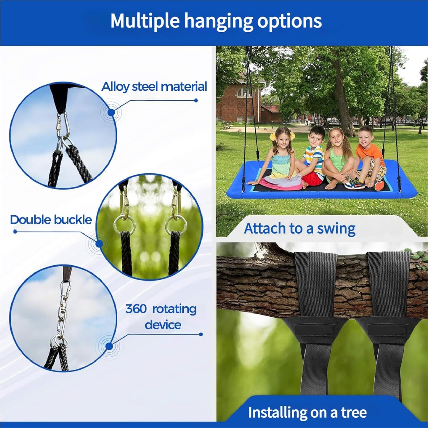 60-Inch Heavy-Duty Rectangle Platform Swing for Backyards - 700lb Capacity Waterproof Outdoor, Kids & Adults Tree Swing (Blue)