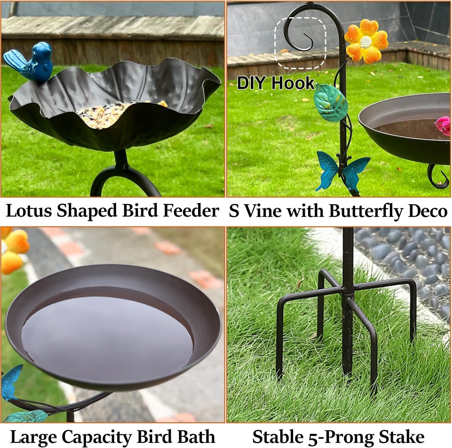 Free Standing Solar Bird Bath, 58" Tall Decorative Birdbath and Feeder Combo, Stake Bird Baths for Outdoors with Solar Fountain, 5 Spikes Floral Accent Birdbaths for Garden Patio Yard Lawn