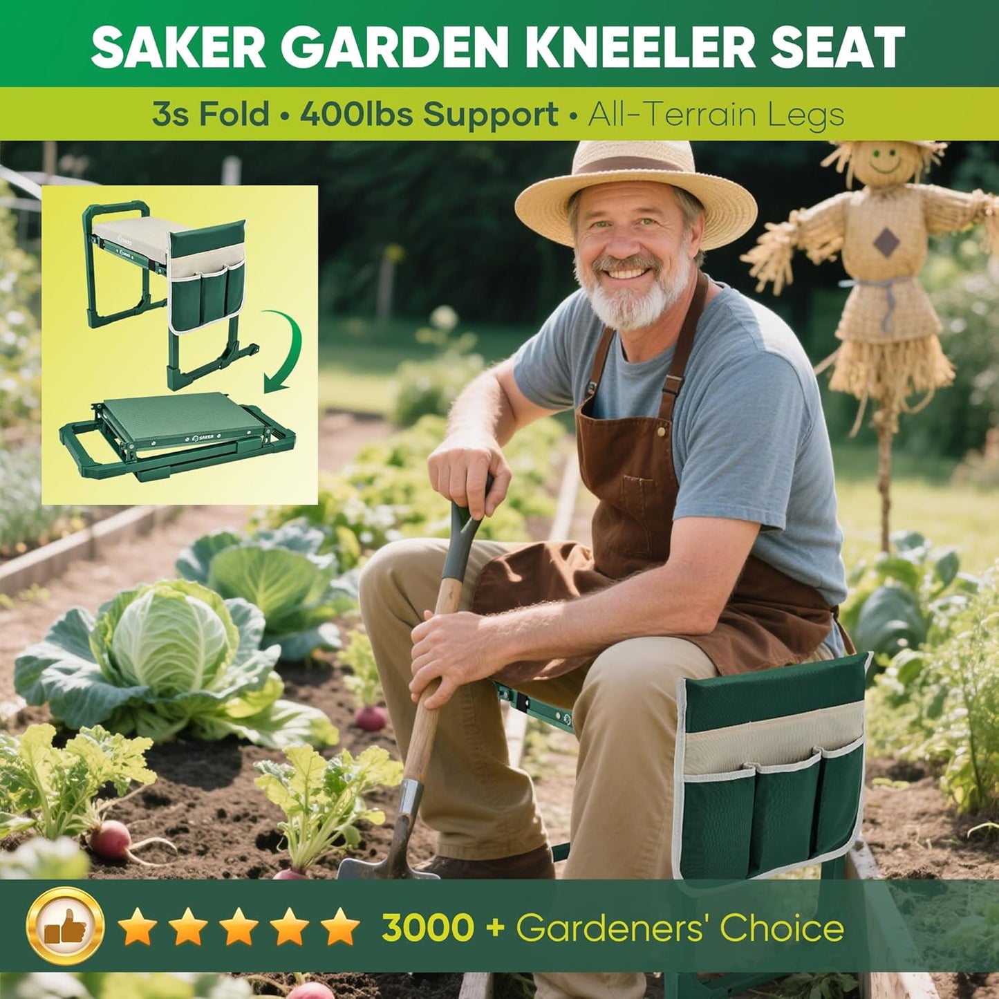 Saker Garden Kneeler and Seat Foldable Gardening Stool with Extendable Legs & Thickened Pad, Tool, Heavy Duty Support for Elderly, Gardening, Outdoor Use