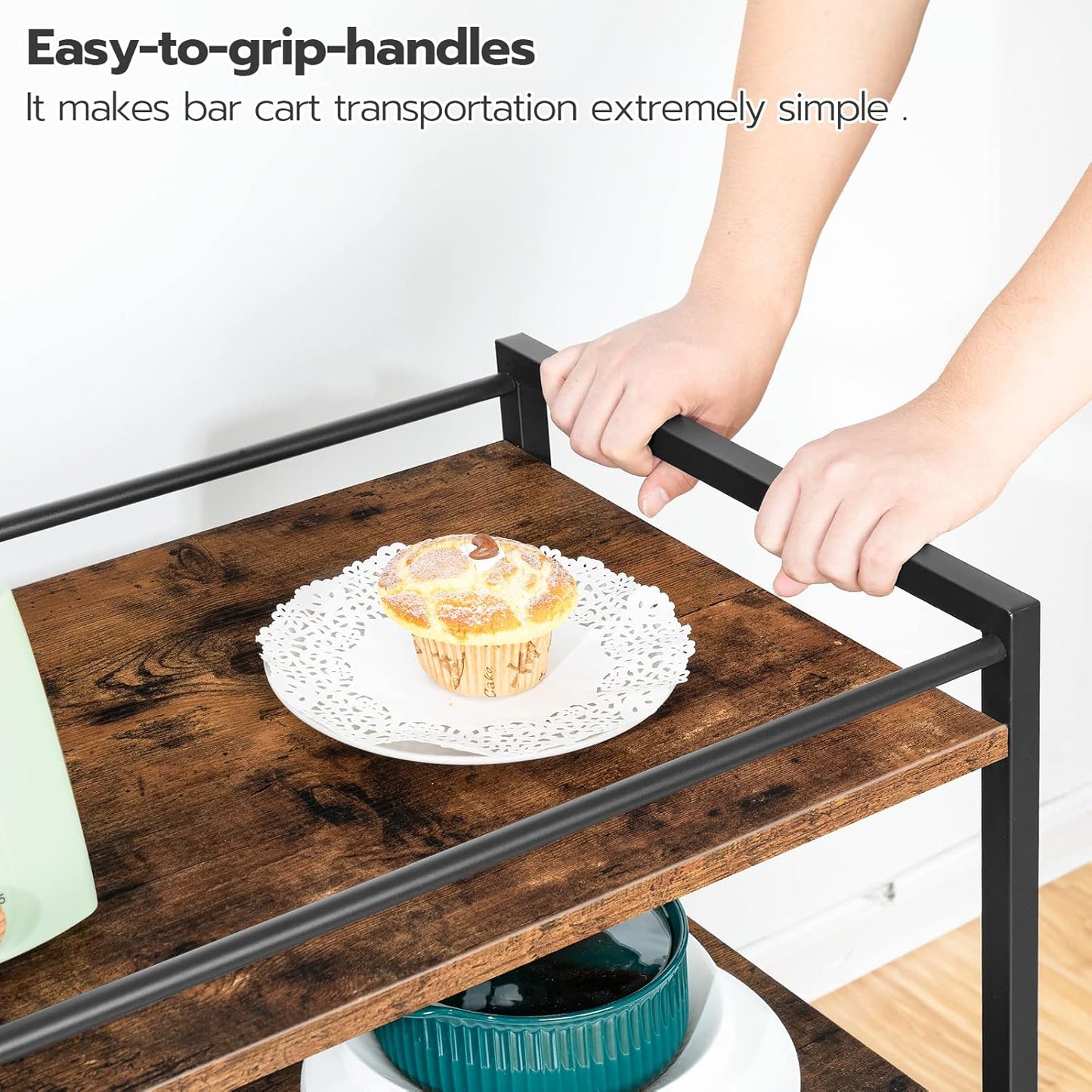 HOOBRO Bar Cart for The Home, Serving Cart with Wine Glass Hooks, Rolling Kitchen Cart with Lockable Wheels, 25.2 x 15.7 x 33.3 Inches Beverage Cart with Storage Shelves, Rustic Brown BF02TC01