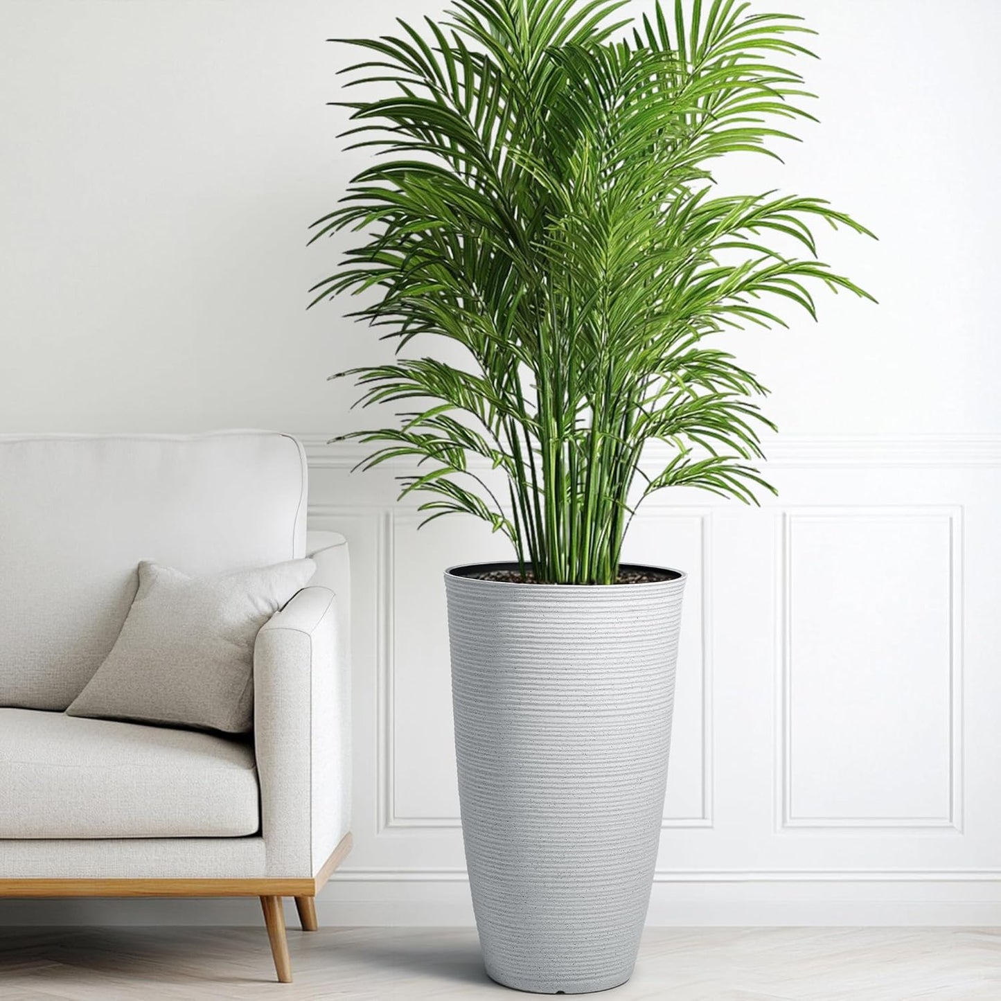 23.5" H Tall Pot Planters, 2-Pack Taper Large Flower Pots for Indoor Outdoor Use, UV-Protect PP Plant Container for Garden Patio Yard Balcony Porch or Home Decor, White Vertical Stripes Texture