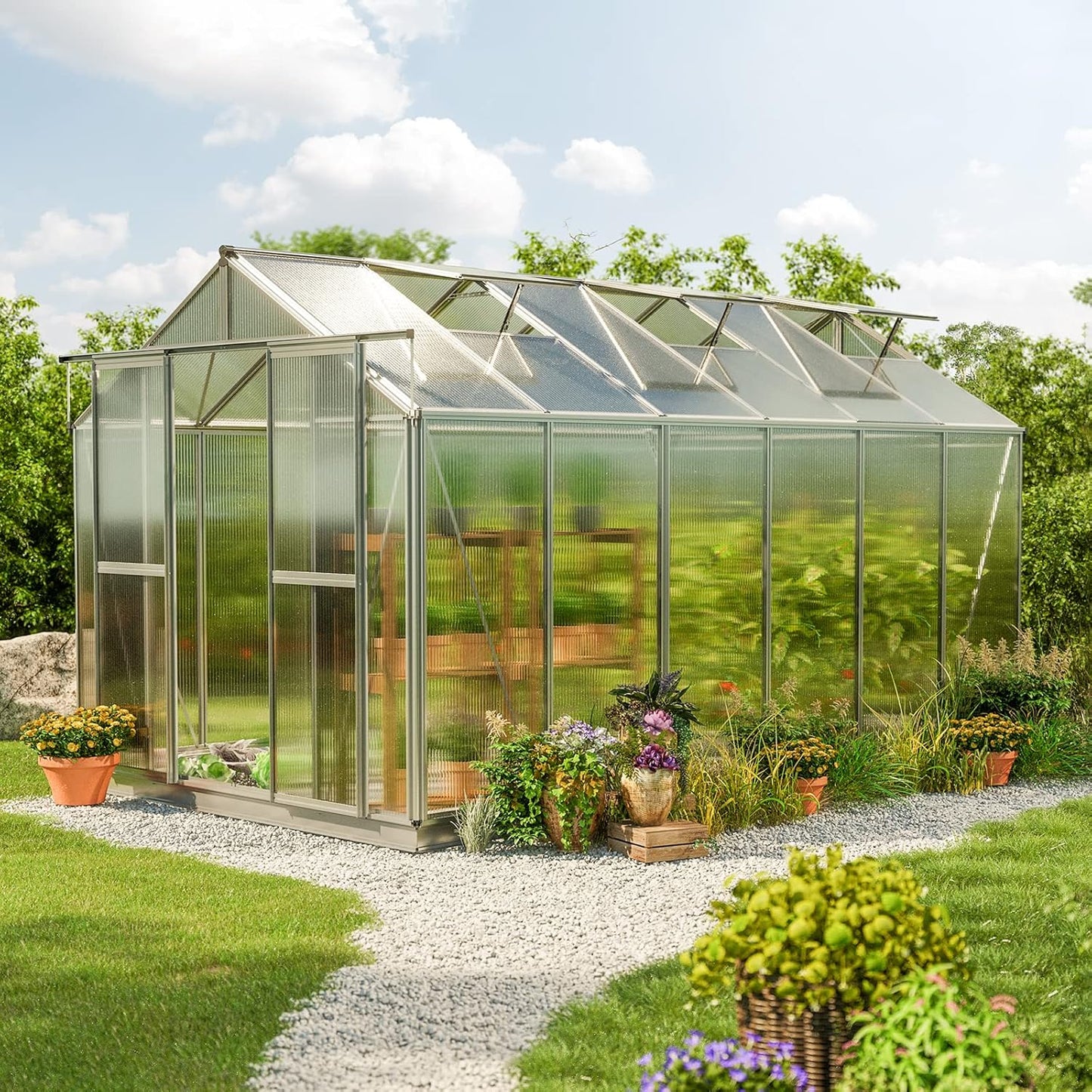 Greenhouse Saphir 6 Aluminum Frame 8.5 x 12.6 ft Approx. 8 mm Polycarbonate Panels - with Bonus Base Frame and Automatic Vent Opener