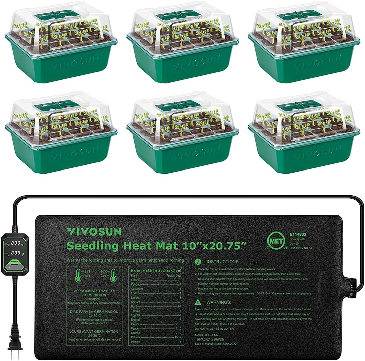 VIVOSUN 6-Pack Seed Starter Trays with 10"x20.75" Seedling Heat Mat, Self-Adjusting Dual Digital Display Temperature Controller, 72-Cell Seed Starter Kit with Humidity Dome, Reusable Propagation Trays