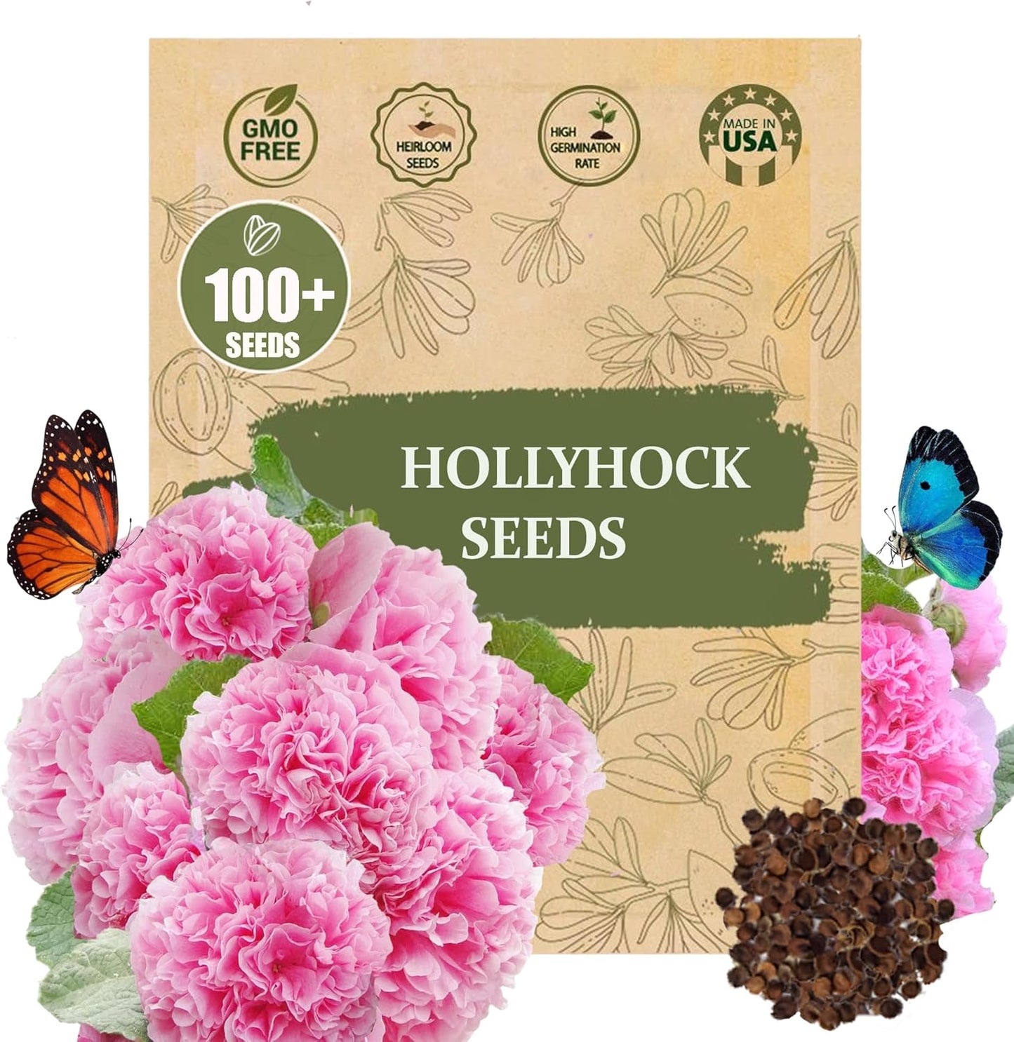 Premium Rare Hollyhock Seeds – 100+ Double Pink Hollyhock Flower Seeds – Non-GMO, Heirloom Perennial – Showy Blooms for Outdoor Planting (Double Pink Hollyhock)