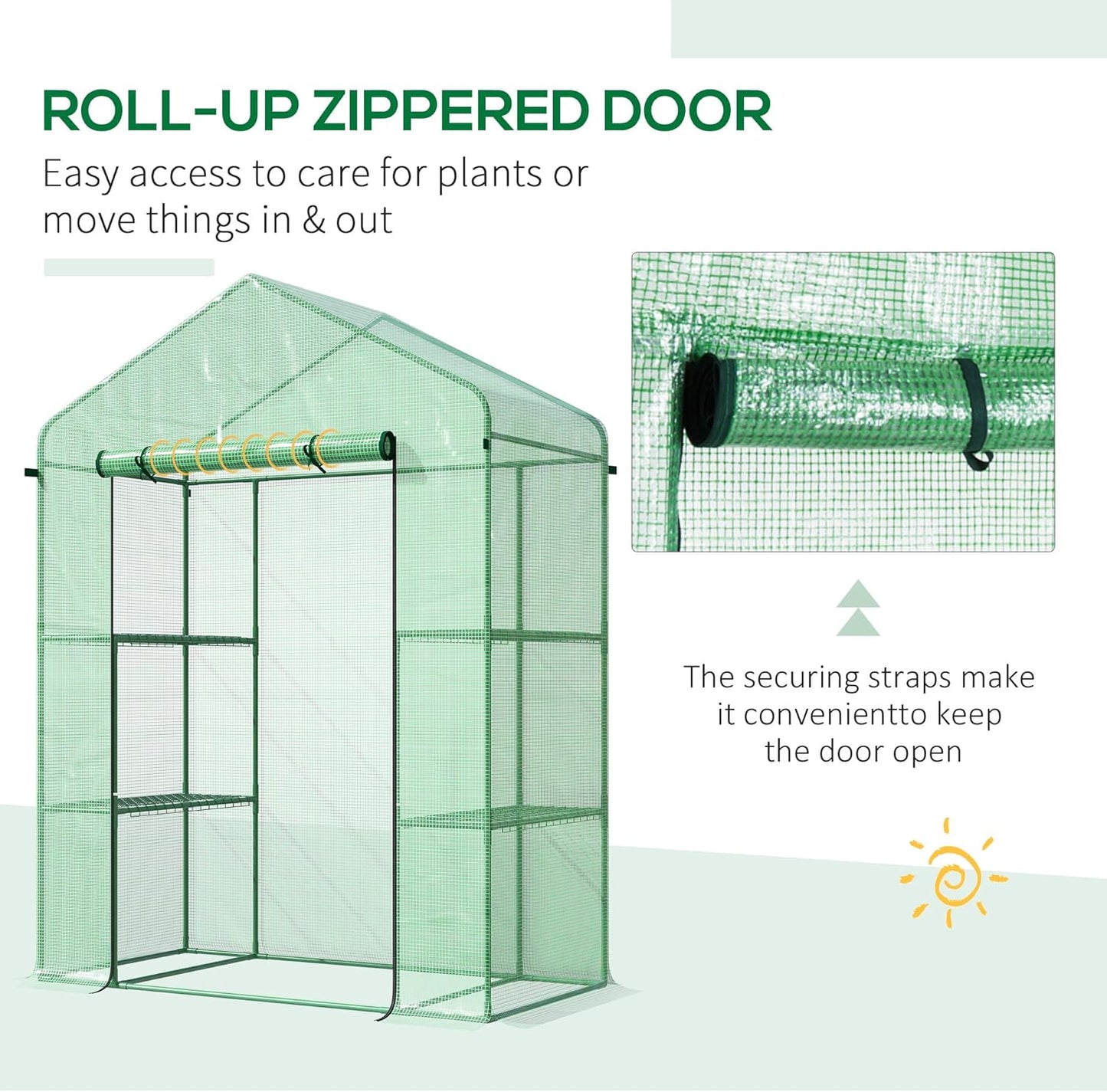 Outsunny 5' x 2.5' x 6.5' Mini Walk-in Greenhouse Kit, Portable Green House with 3 Tier Shelves, Roll-Up Door, and Weatherized PE Cover for Backyard Garden, Green