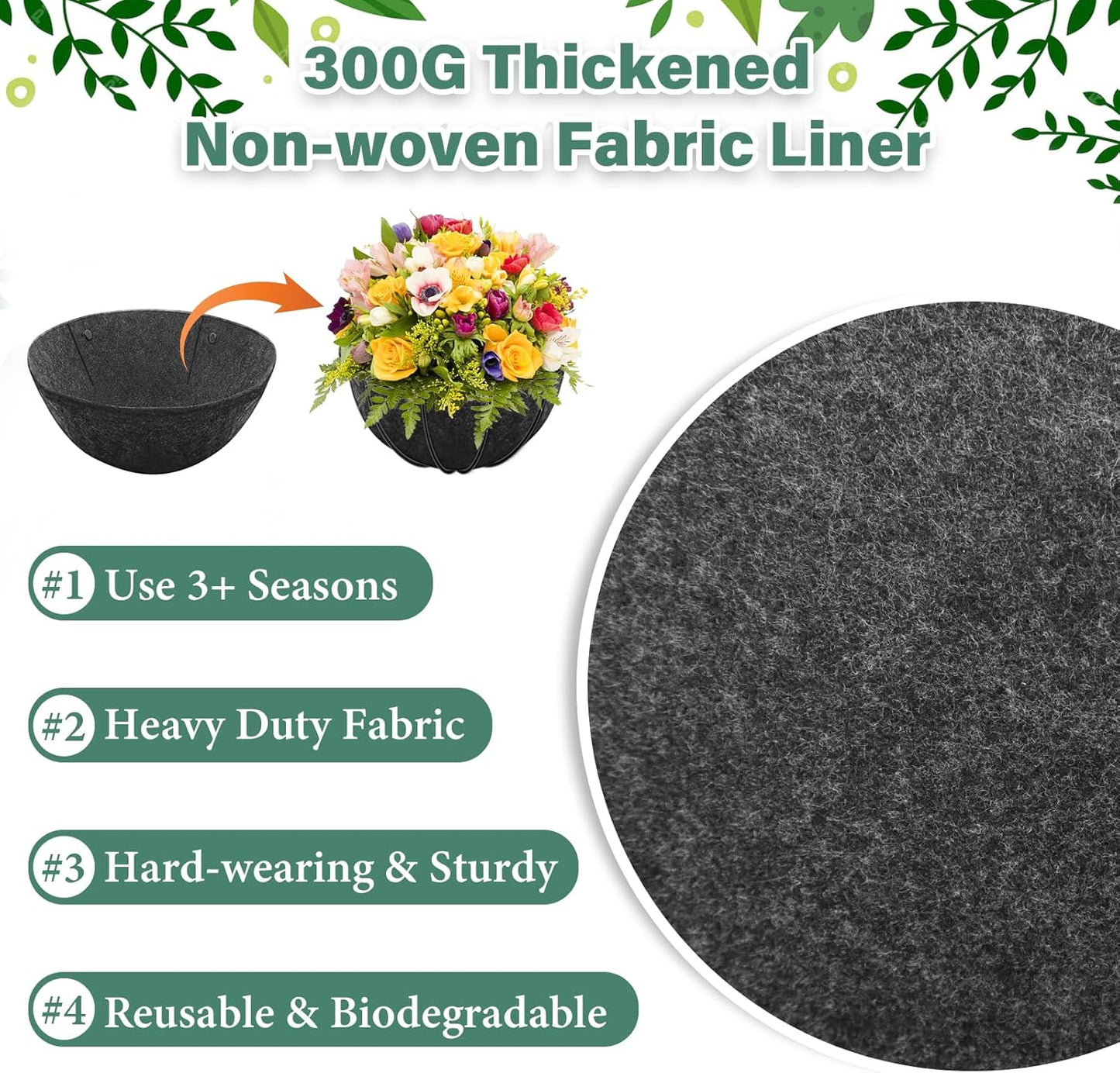 Riare 8 Pack 12 Inch Round Fabric Planter Basket Liner- Hanging Basket Liners Replacement Coco Fiber Liner Alternative for Hanging Basket Flowers (Prevent Birds from Nesting)