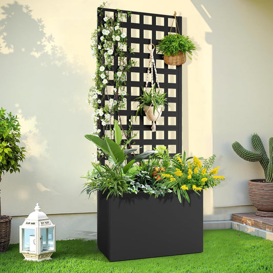 Metal Raised Garden Bed, Trellis Planters Bed with Drainage Holes for Climbing Plants, Vegetables Outdoor Privacy Screen with Planter Box 63"x24"x12", Black