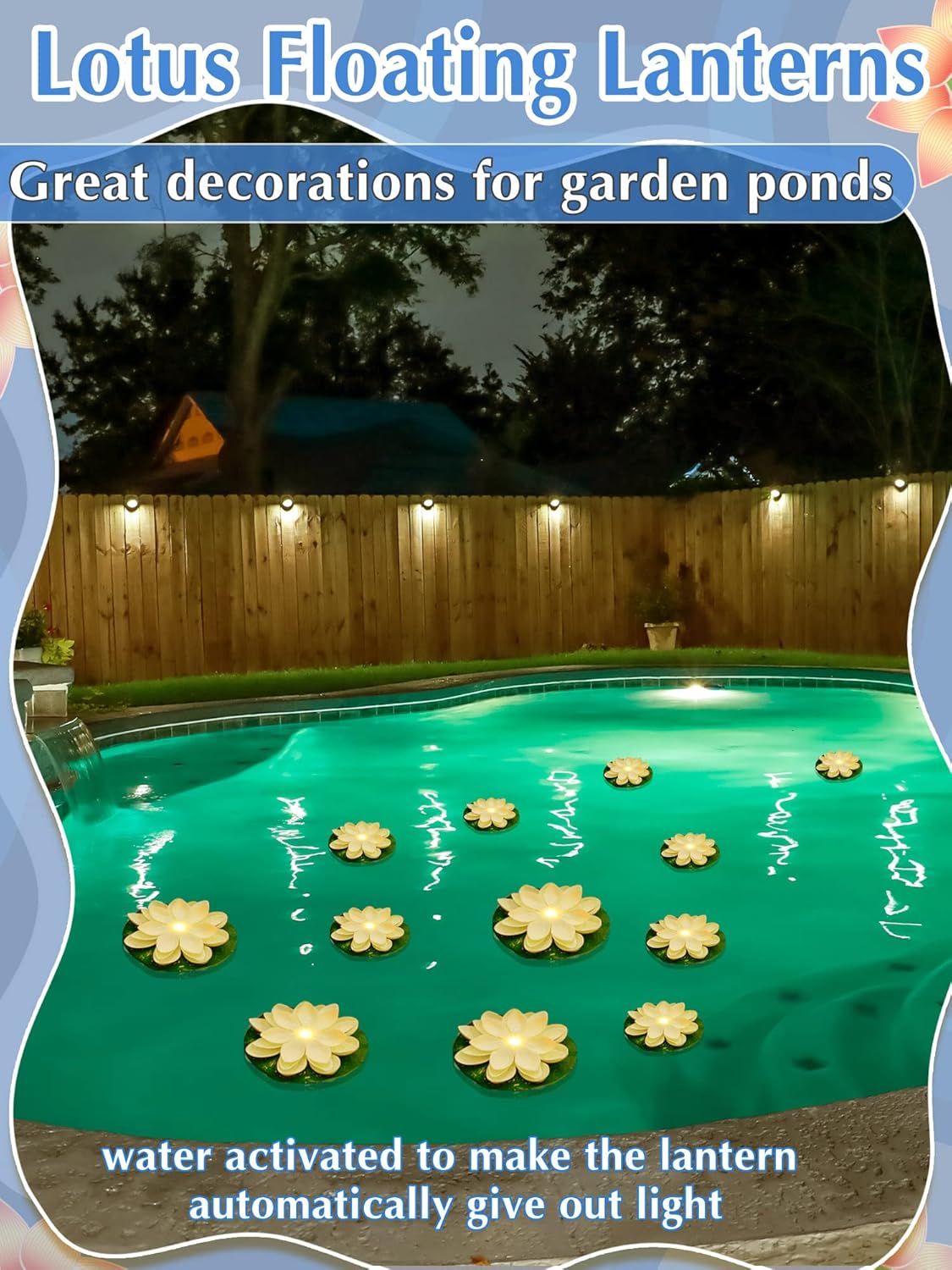 Hortsun 12 Pcs Floating Lotus Lights with Batteries Lily Pads Pool Flowers Diwali Pooja Decorations Floating Candles Decor for Pool Pond Outdoor Indoor(3.94/5.91 Inch,White)