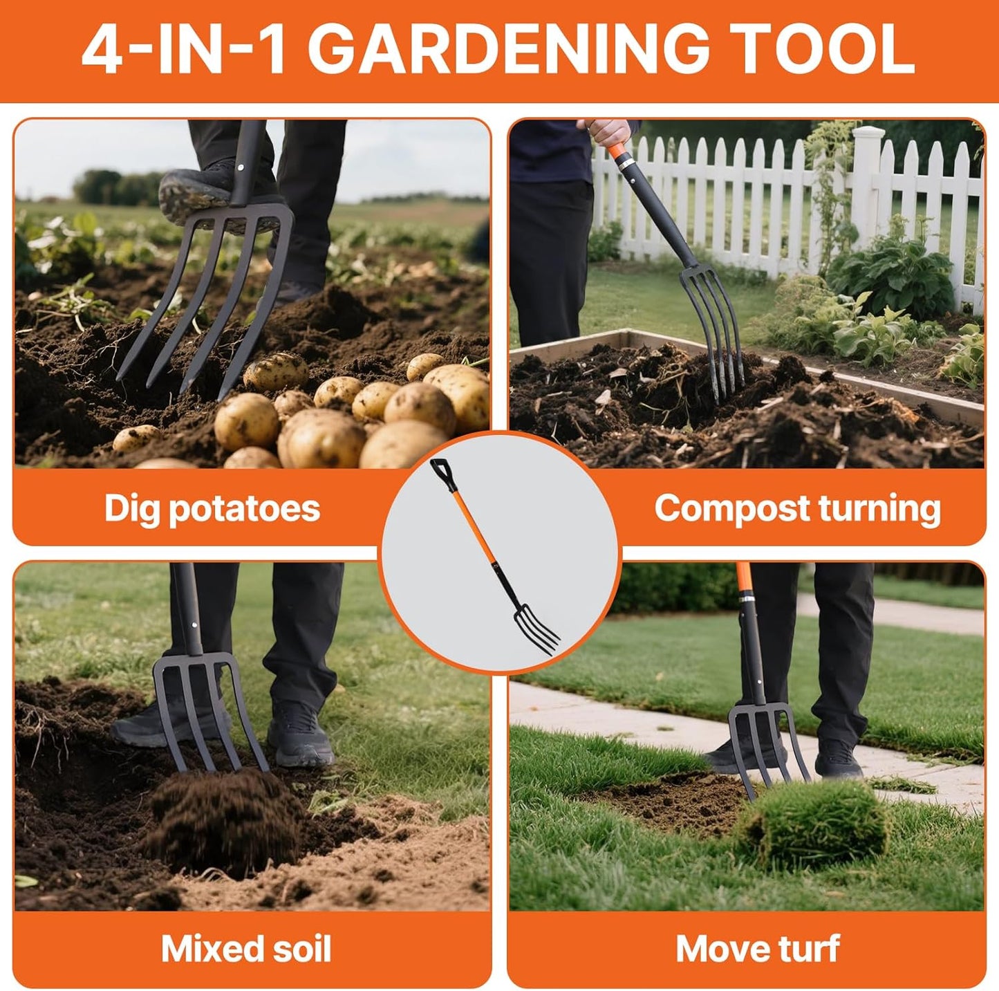 4-Tine Garden Fork,Heavy Duty Pitch Fork for Gardening,Digging Fork and Spading Fork for Loosening Soil,Compost Fork with Fiberglass Handle,45 Inch