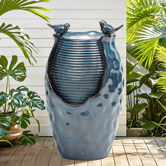 24.8" H Ceramic Jar Outdoor Water Fountain with LED Lights & Bird Accents, Elegant Turquoise Glaze with Bubble-Like Texture, Decorative Garden Water Feature