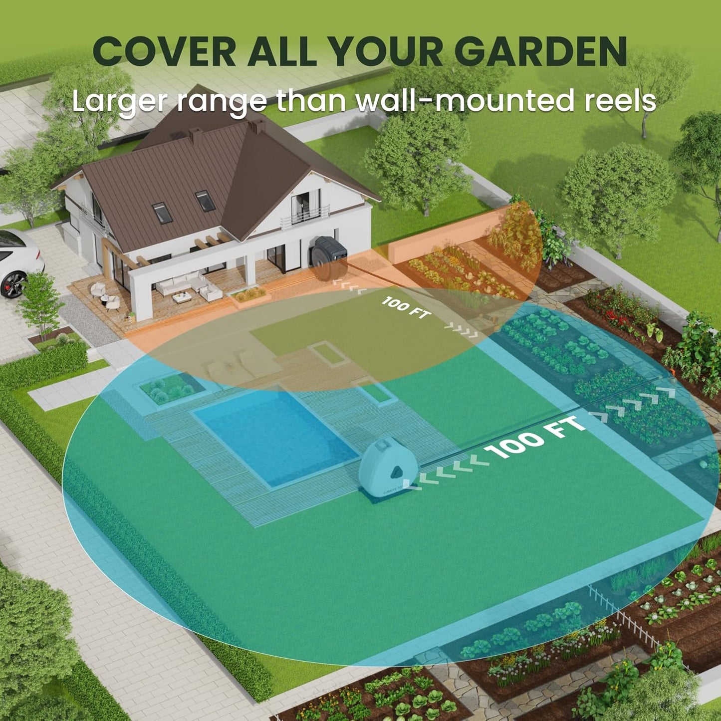 Giraffe Tools Retractable Hose Reel with 1/2 Inch x 100FT, Heavy Duty Ground Mount Garden Hose Reel, Automatic Rewind,with 9-Function Sprayer Nozzle & Flexible Swivel Base