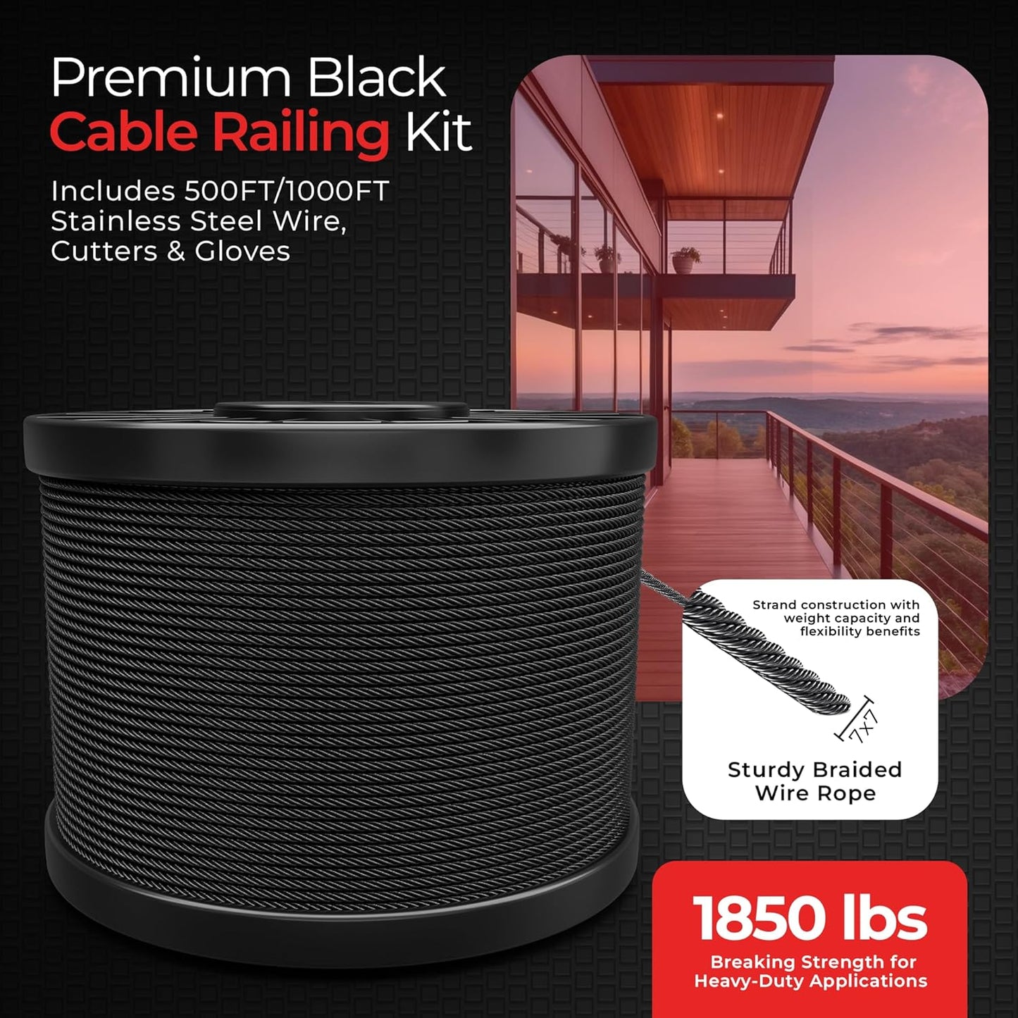 500FT 1/8" T316 Stainless Steel Cable - 7x7 Strands Wire Rope - Black Phosphate Coating - Cable Cutters & Gloves Included - Aircraft Cable for Indoor & Outdoor - Cable Railing Stair Deck