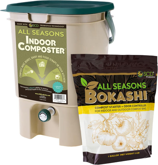 All Seasons Indoor Composter Starter Kit – 5 Gallon Tan Compost Bin For Kitchen Countertop With Lid, Spigot & 1 Gallon (2 lbs.) Bag Of Dry Bokashi Bran – by SCD Probiotics