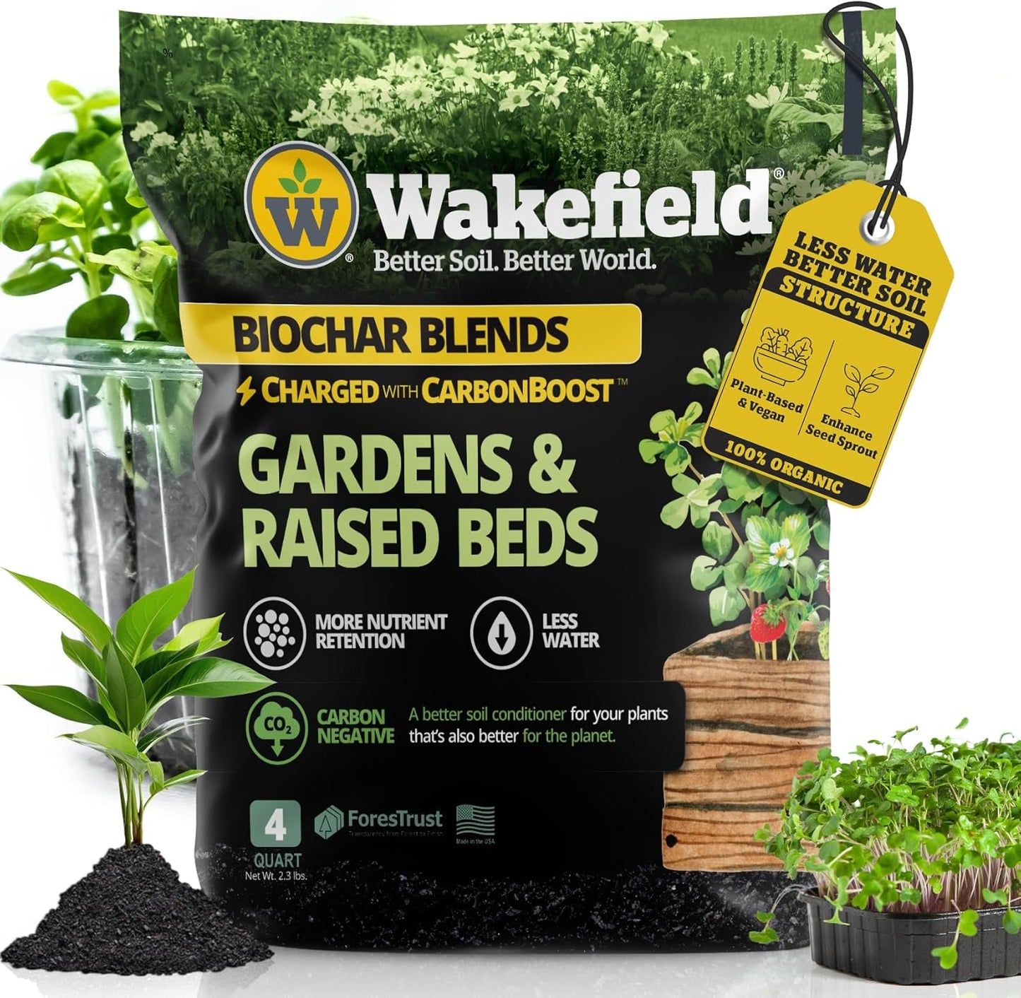 Wakefield Biochar Blend with CarbonBoost™ Technology – Enhanced Water & Nutrient Retention for Raised Bed Garden Soil - Ultimate Organic Potting Soil Mix for Vegetables, Gardens and Houseplants - 4qt