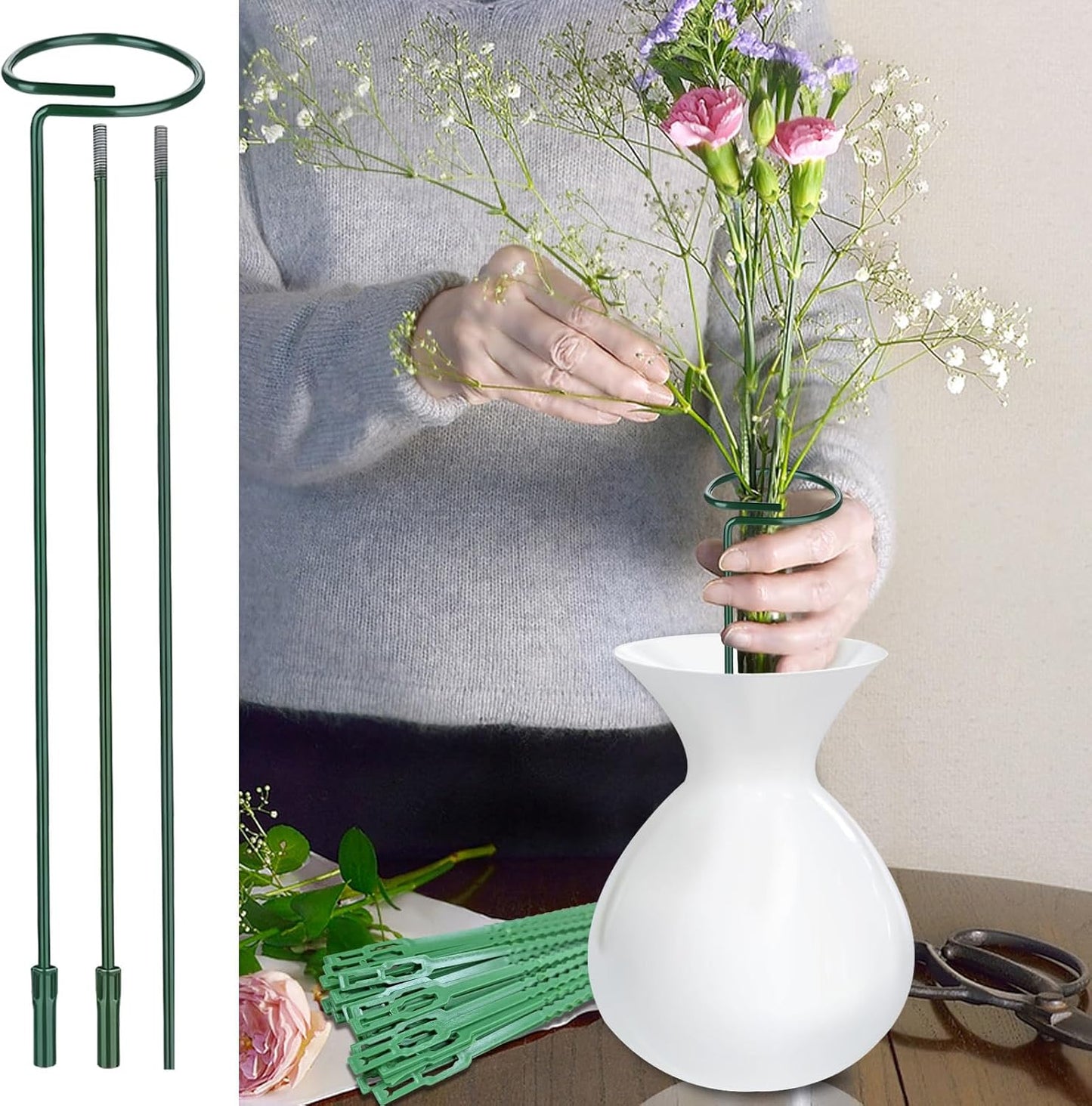 Huakaile 4 Packs Adjustable 23.6" Plant Stakes and Supports with 30 Pieces 9" Twist Ties, Green Plant Holder Stick Outdoor Indoor, Metal Flower Support Stakes Rings for Gardens Vegetables (60 cm)