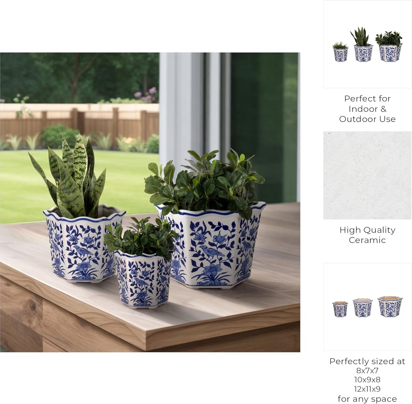 Home Decor Flower Pots and Planters – Intricate Pots with Floral Pattern for Indoor and Outdoor Plants - Vintage Plant Pots Great for Garden, Patio, or Room Decor Set of 3 – 9", 8", 7" Blue & White