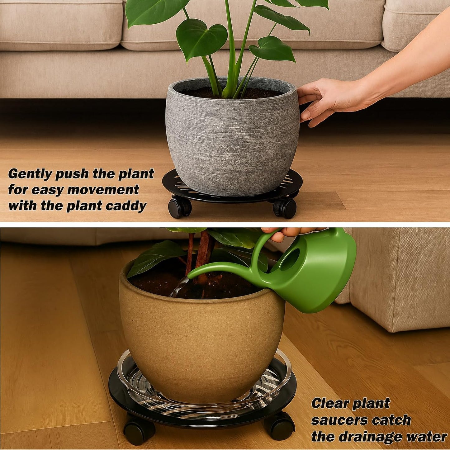 4 Packs Large Metal Plant Caddy with 3 PU Wheels 12" Heavy-duty Wrought Iron Rolling Plant Stands Indoor Outdoor Wheeled Plant Dolly Planter Mover Rollers Plant Trolley Cart, Plant Saucers Included